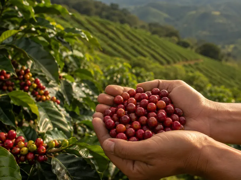 Hands holding freshly picked red coffee cherries at an Antioquia coffee farm